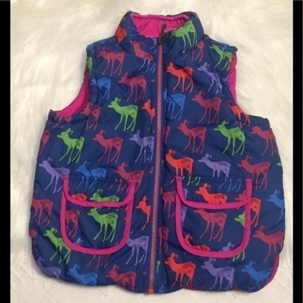 Girls Hatley Puffer Vest 4 Reversible fawn deer print Hot pink